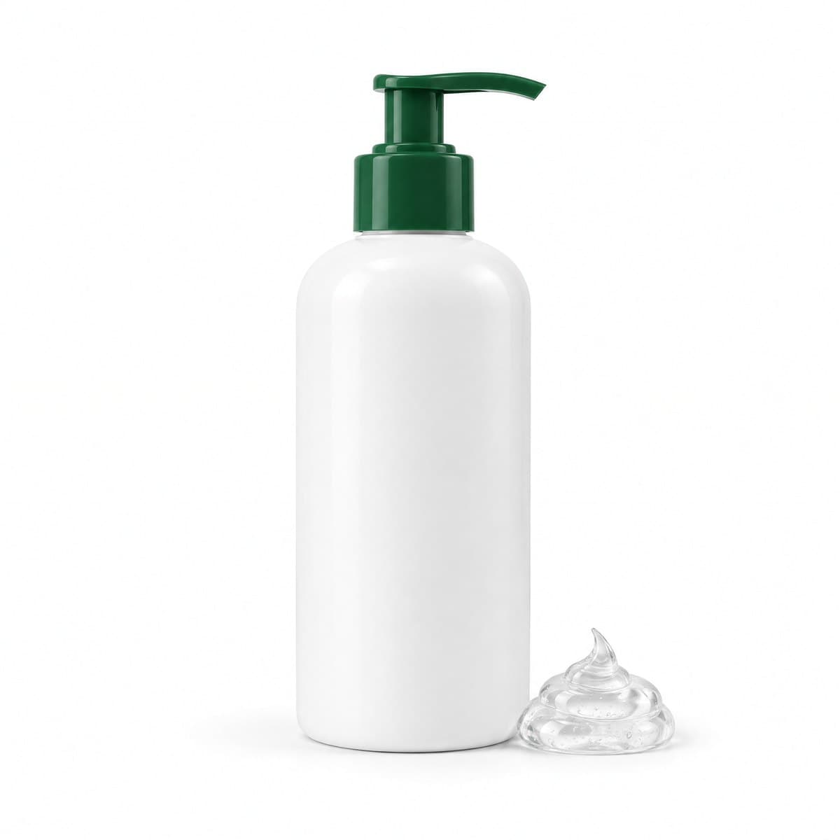 A white pump bottle with a forest green pump top beside a small swirl of clear gel