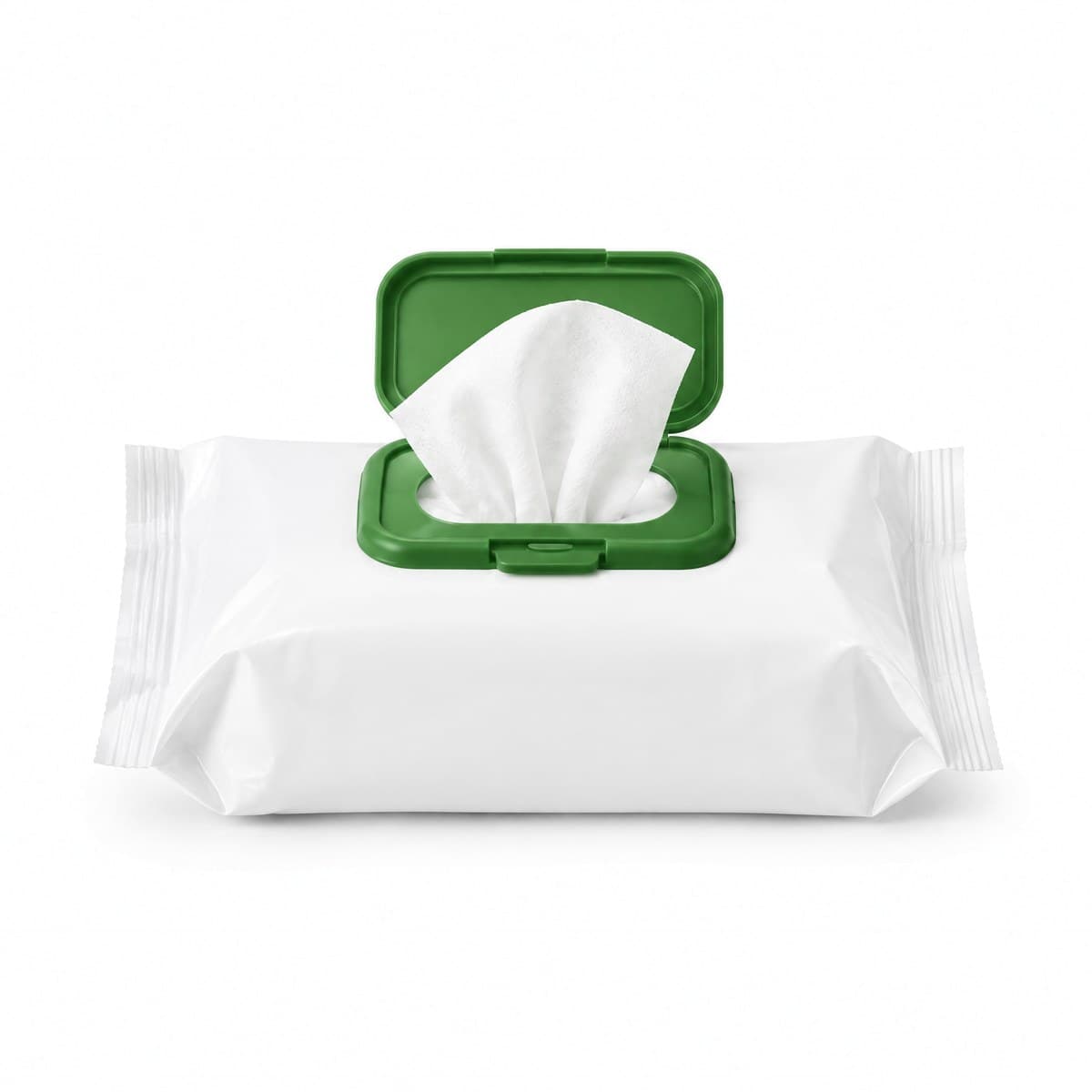 A white soft pack of wipes with its green flip lid open and one white wipe pulled out