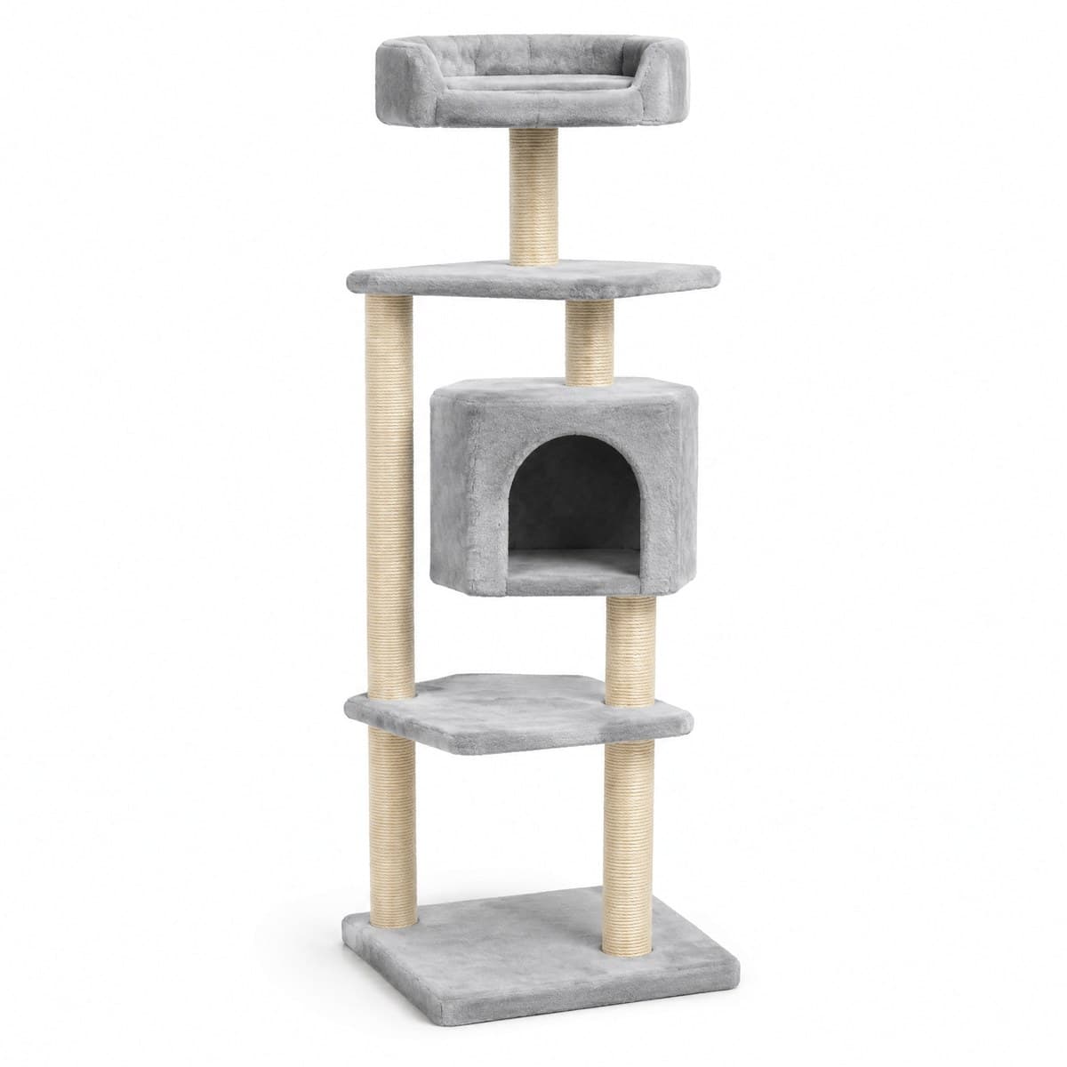 A tall light grey plush cat tree with sisal rope posts, two platforms, an enclosed cubby and a rimmed top perch
