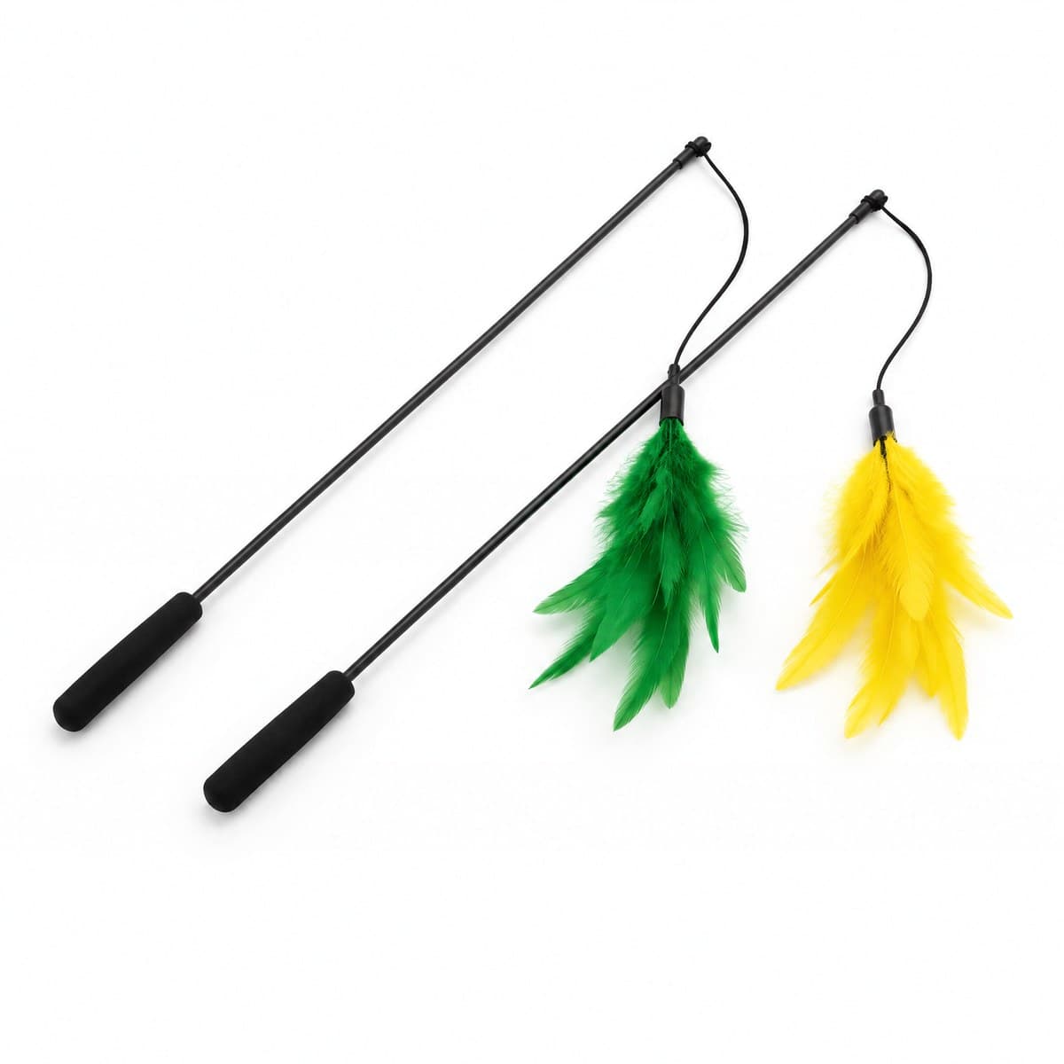 Two cat wand toys with black rods, foam handles and cords, one with green feathers and one with yellow feathers