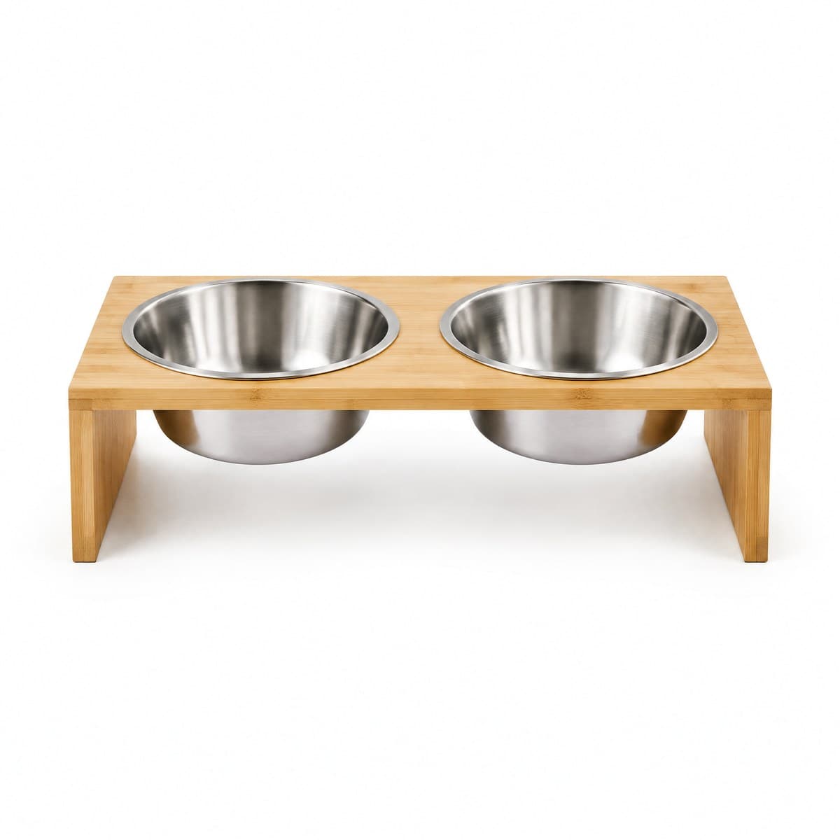 A low bamboo stand holding two stainless steel bowls side by side