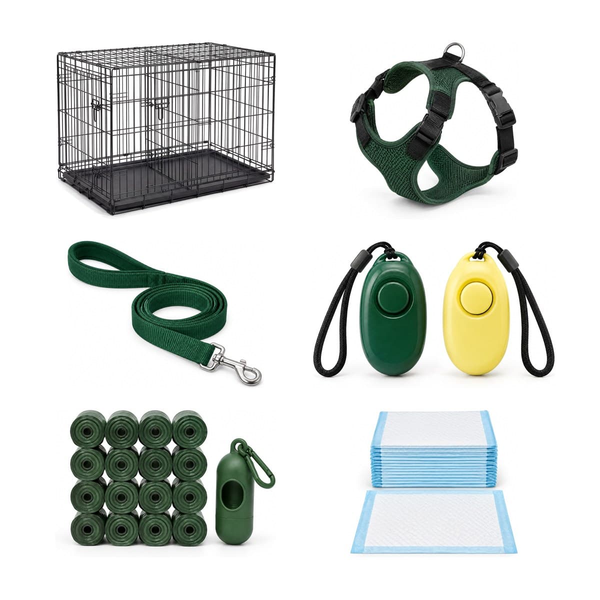 The New Puppy Kit laid out together: a black wire crate with its divider and tray, a green harness, a green leash, a green and a yellow clicker, sixteen rolls of waste bags with a dispenser, and a stack of training pads