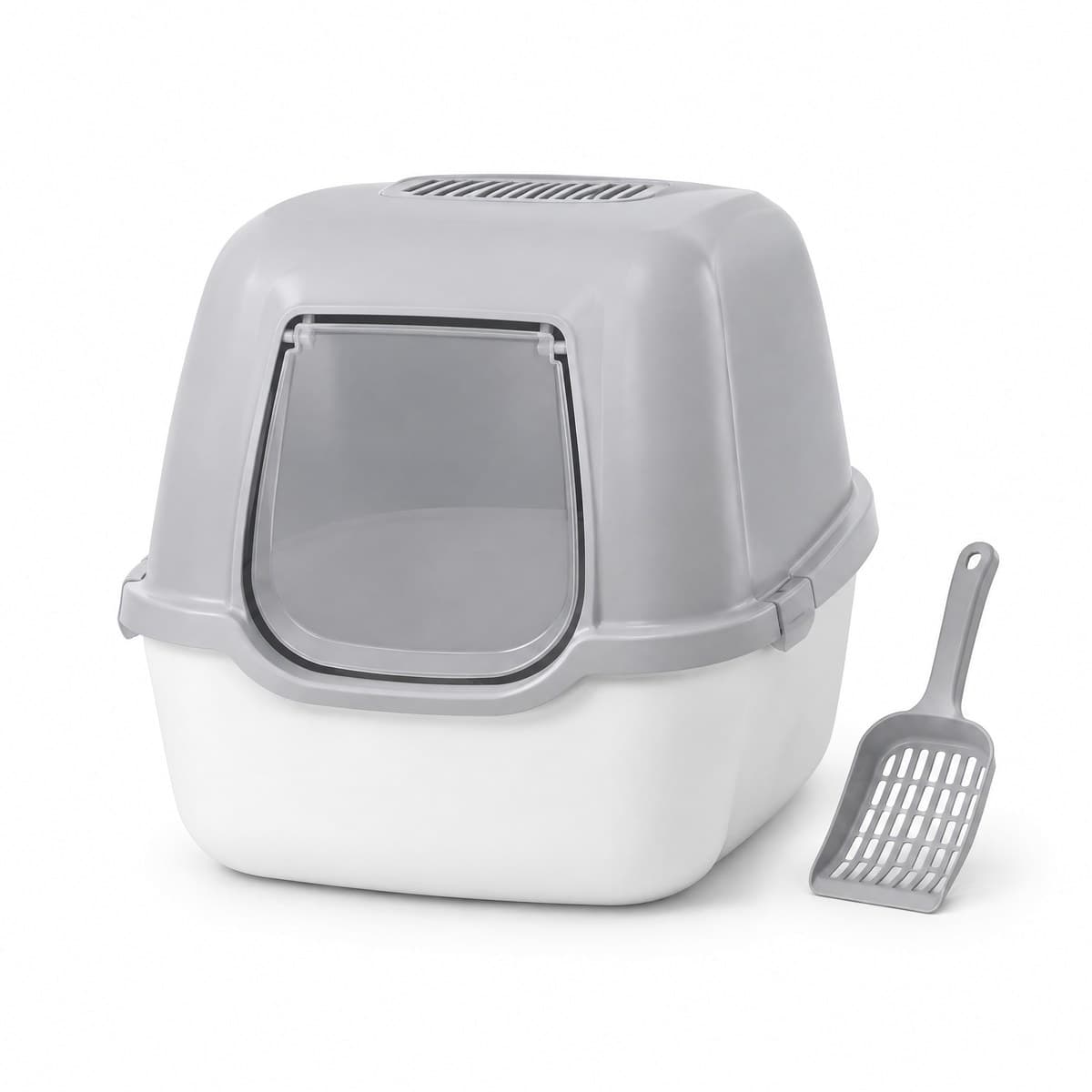A covered litter box with a white base and a light grey hood with a tinted front swing door, and a grey slotted scoop beside it
