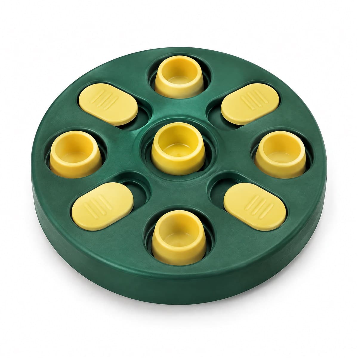 A round forest green dog puzzle board with four oval yellow sliding covers and five yellow lift-out cups