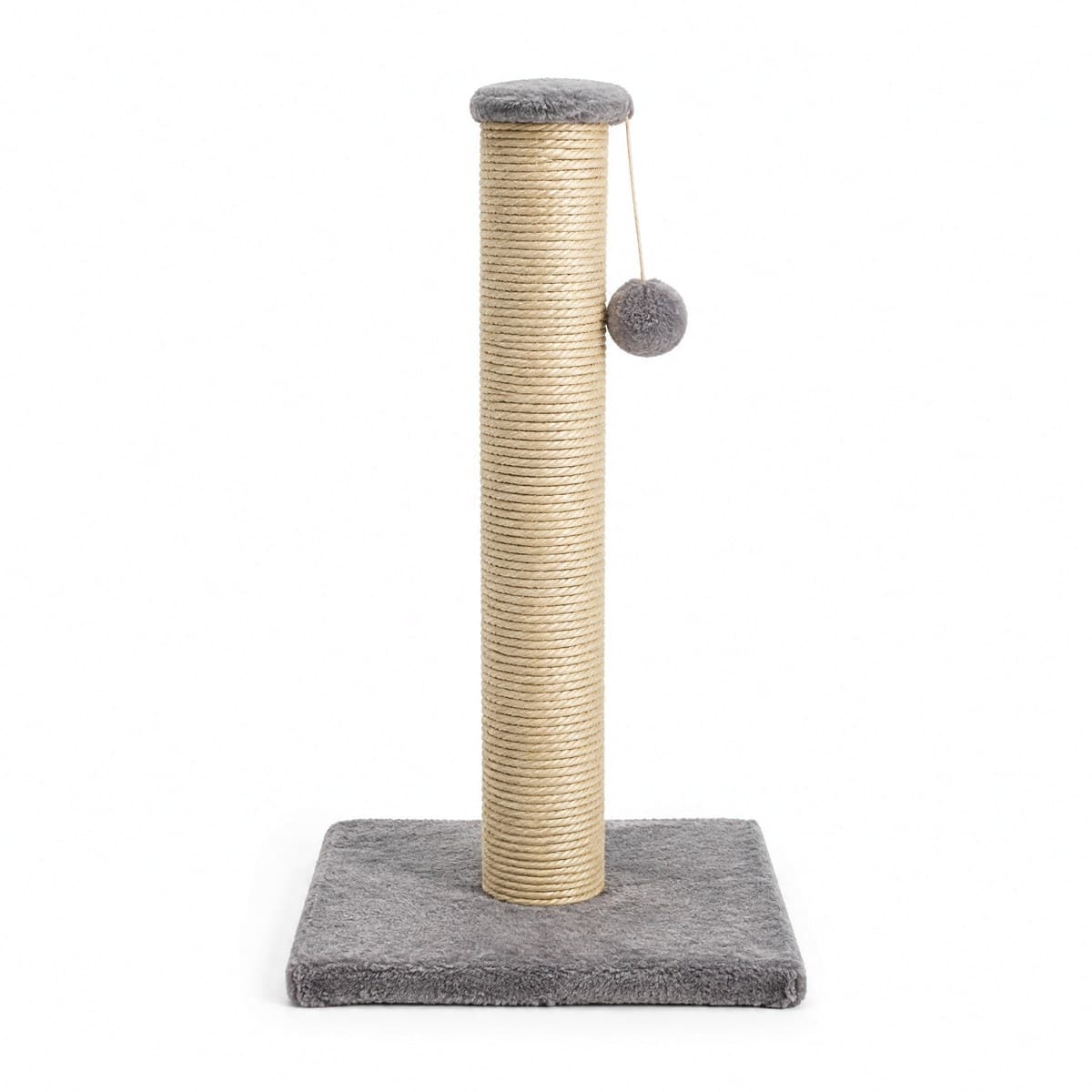 A sisal rope scratching post with a grey plush cap on a square grey plush base, a grey pom-pom hanging on a string