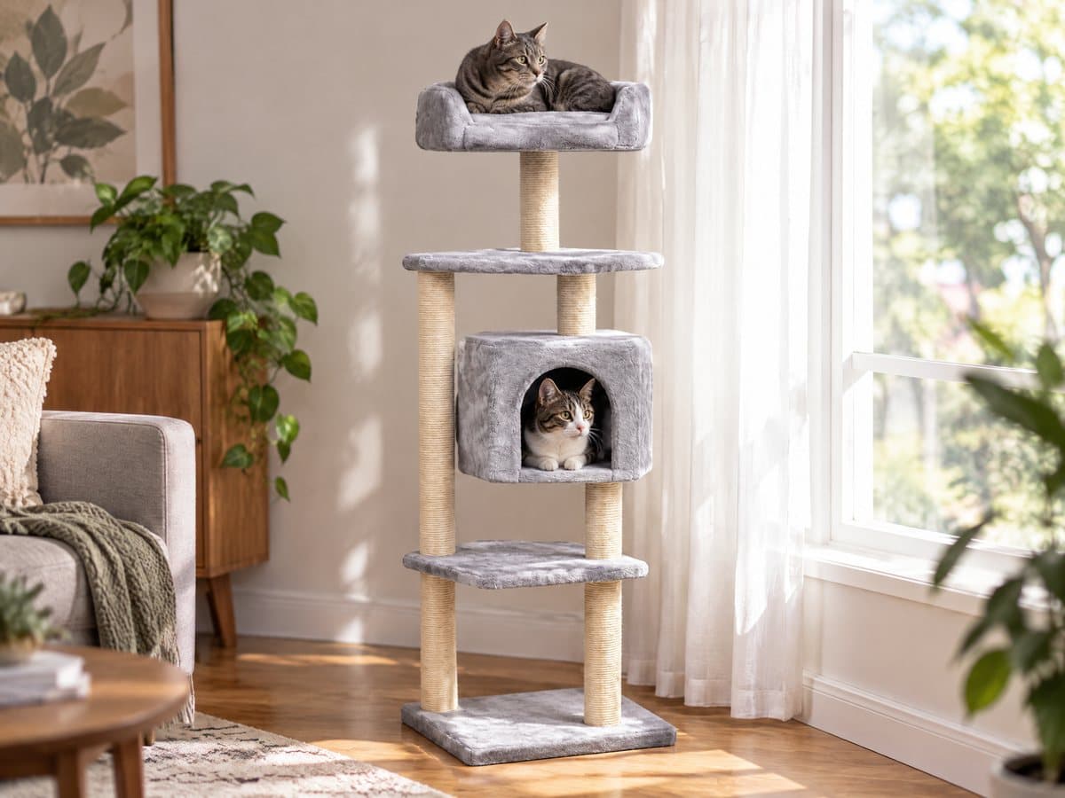 A grey tabby cat on the top perch of a tall light grey cat tree with sisal posts beside a sunny window, and a second cat looking out from the cubby