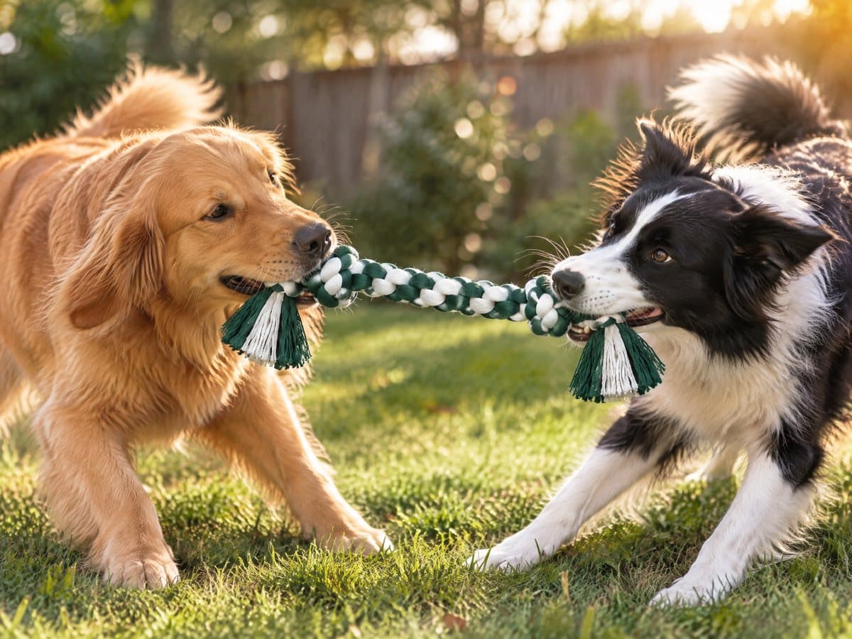 A golden retriever and a border collie playing tug with a green and white braided rope on a backyard lawn in late afternoon sun