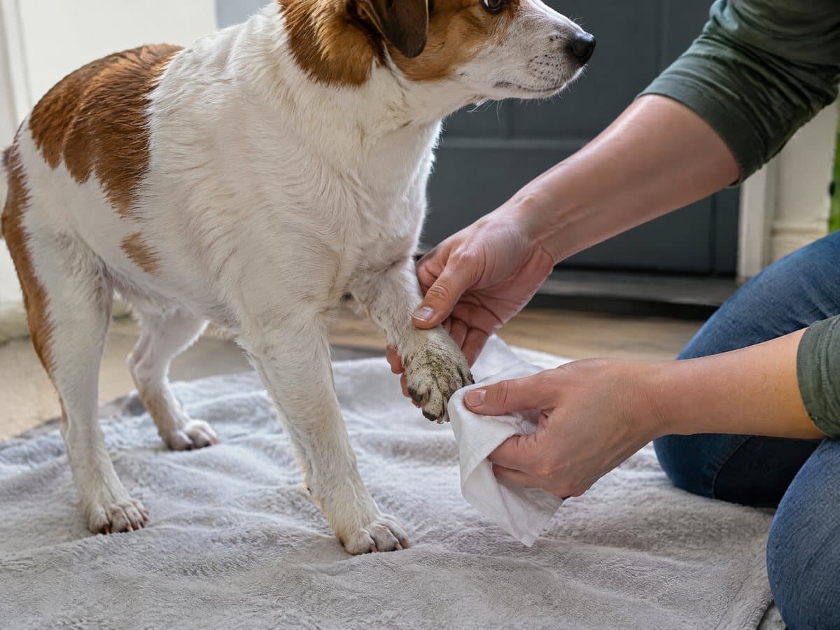 Hands wiping the muddy front paw of a small brown and white dog with a white wipe, the dog standing on a grey towel inside the front door